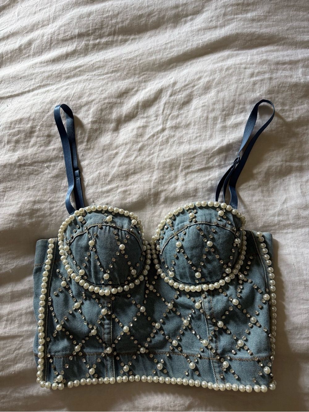 Pearl-Embellished Denim corset in Blue
